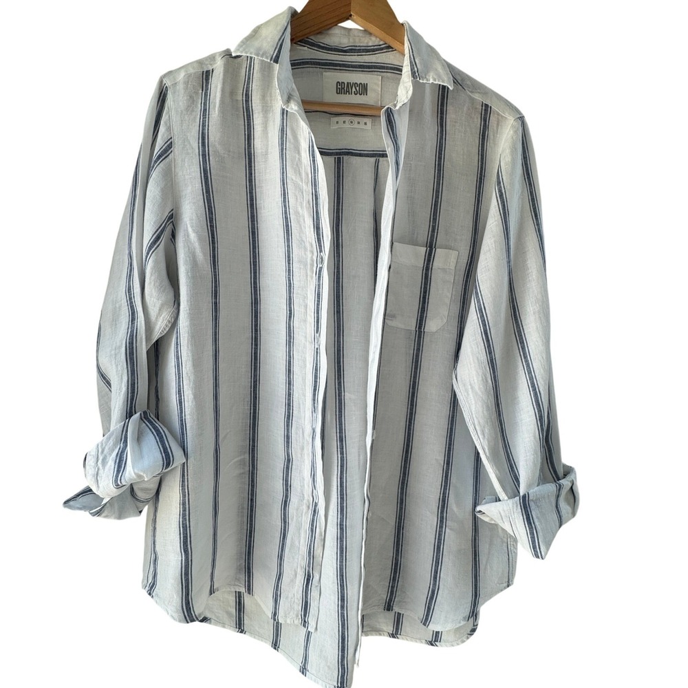 Grayson 100% Linen The Hero Button up Shirt Size Med White Blue Striped Nautical
